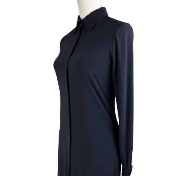 Norma Kamali Black Jersey Ponte Knit Long Sleeve Button Up Collared Shirt Dress - Picture 6 of 12